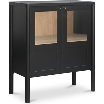 Hannah Cabinet by Moe's Home Collection. Made from solid pine leg, oak veneer over mdf shelf, back panel, mdf door front, top, side panel, tempered glass, metal in a modern style.