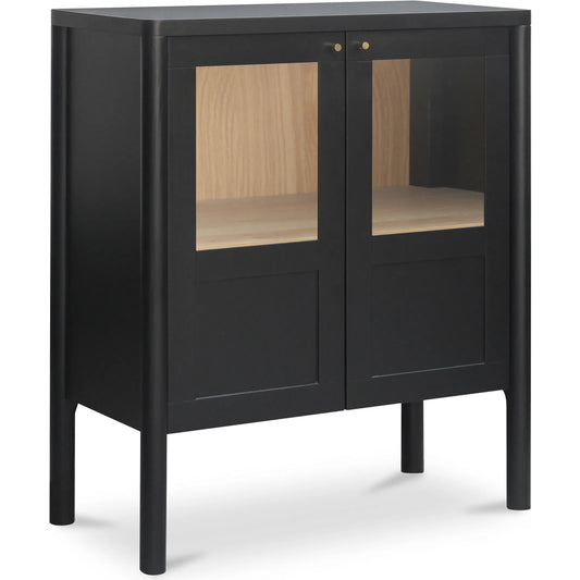 Hannah Cabinet by Moe's Home Collection. Made from solid pine leg, oak veneer over mdf shelf, back panel, mdf door front, top, side panel, tempered glass, metal in a unique style.