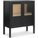 Hannah Cabinet by Moe's Home Collection. Made from solid pine leg, oak veneer over mdf shelf, back panel, mdf door front, top, side panel, tempered glass, metal in a modern style.