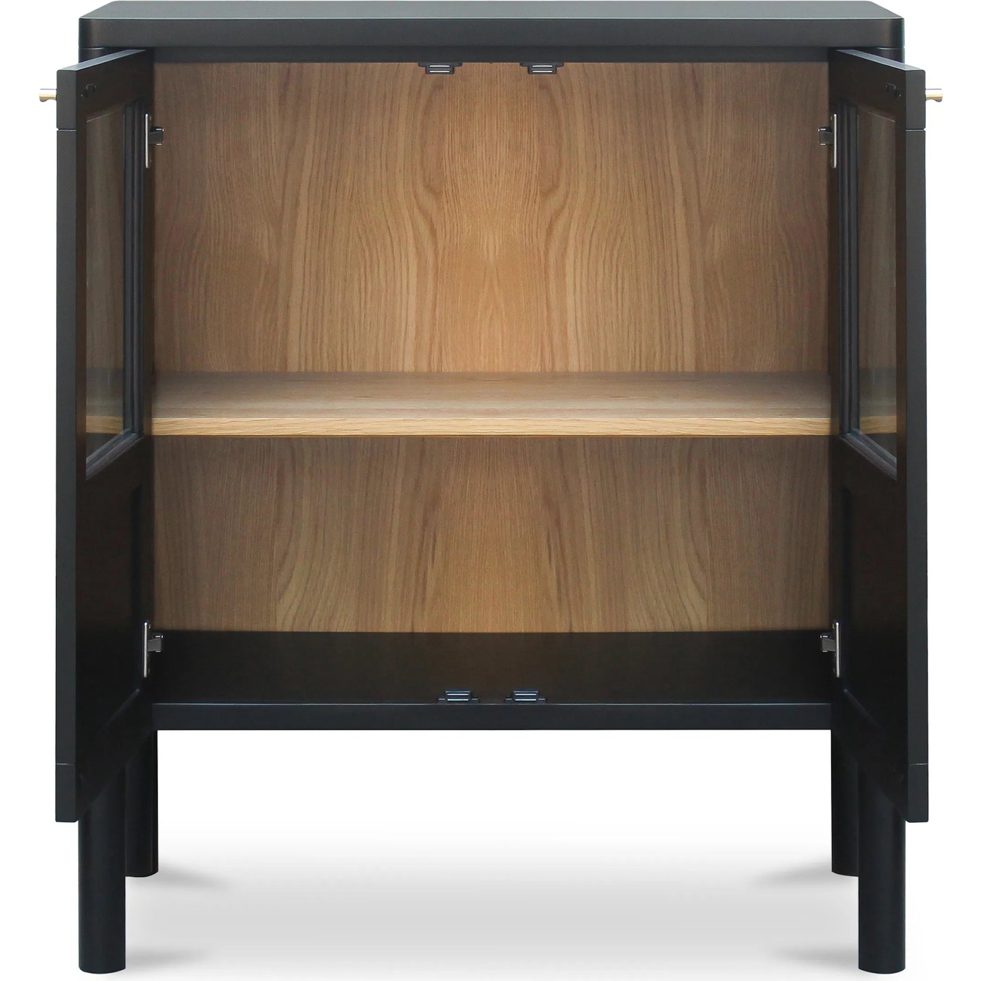 Hannah Cabinet by Moe's Home Collection. Made from solid pine leg, oak veneer over mdf shelf, back panel, mdf door front, top, side panel, tempered glass, metal in a modern style.