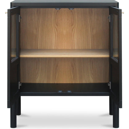 Hannah Cabinet by Moe's Home Collection. Made from solid pine leg, oak veneer over mdf shelf, back panel, mdf door front, top, side panel, tempered glass, metal in a modern style.