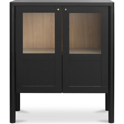 Hannah Cabinet by Moe's Home Collection. Made from solid pine leg, oak veneer over mdf shelf, back panel, mdf door front, top, side panel, tempered glass, metal in a modern style.