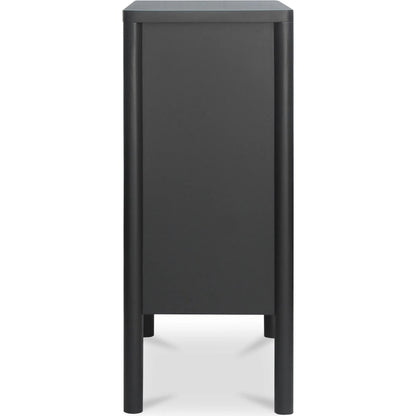 Hannah Cabinet by Moe's Home Collection. Made from solid pine leg, oak veneer over mdf shelf, back panel, mdf door front, top, side panel, tempered glass, metal in a modern style.