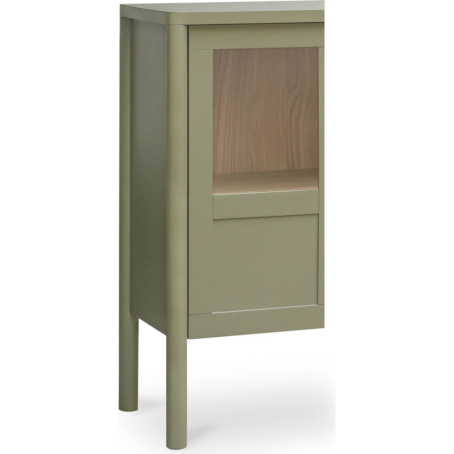 015 SI-2441408 | Closeup | Hannah Cabinet by Moe's Home Collection. Made from solid pine leg, oak veneer over mdf shelf, back panel, mdf door front, top, side panel, tempered glass, metal in a modern style.