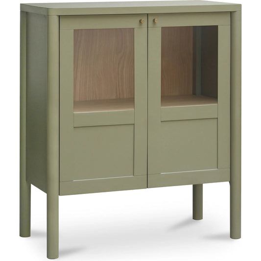 Hannah Cabinet by Moe's Home Collection. Made from solid pine leg, oak veneer over mdf shelf, back panel, mdf door front, top, side panel, tempered glass, metal in a unique style.