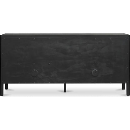 Hannah Sideboard by Moe's Home Collection. Made from solid pine leg, oak veneer over mdf shelf, back panel, mdf door front, top, side panel, tempered glass, metal in a modern style.