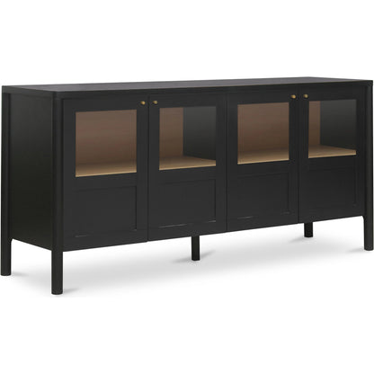 Hannah Sideboard by Moe's Home Collection. Made from solid pine leg, oak veneer over mdf shelf, back panel, mdf door front, top, side panel, tempered glass, metal in a modern style.