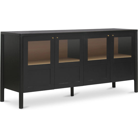 Hannah Sideboard by Moe's Home Collection. Made from solid pine leg, oak veneer over mdf shelf, back panel, mdf door front, top, side panel, tempered glass, metal in a unique style.
