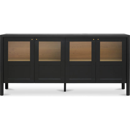 Hannah Sideboard by Moe's Home Collection. Made from solid pine leg, oak veneer over mdf shelf, back panel, mdf door front, top, side panel, tempered glass, metal in a modern style.