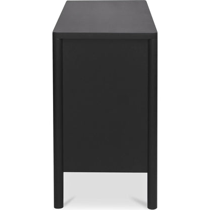 Hannah Sideboard by Moe's Home Collection. Made from solid pine leg, oak veneer over mdf shelf, back panel, mdf door front, top, side panel, tempered glass, metal in a modern style.