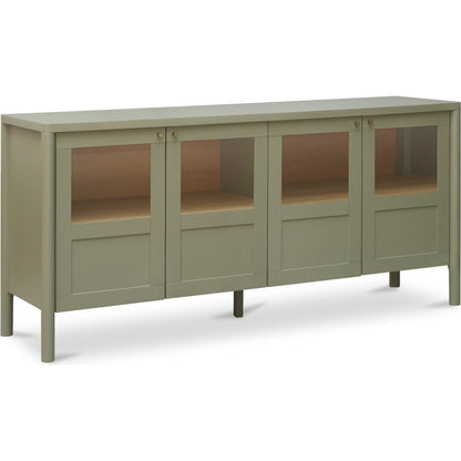 Hannah Sideboard by Moe's Home Collection. Made from solid pine leg, oak veneer over mdf shelf, back panel, mdf door front, top, side panel, tempered glass, metal in a modern style.