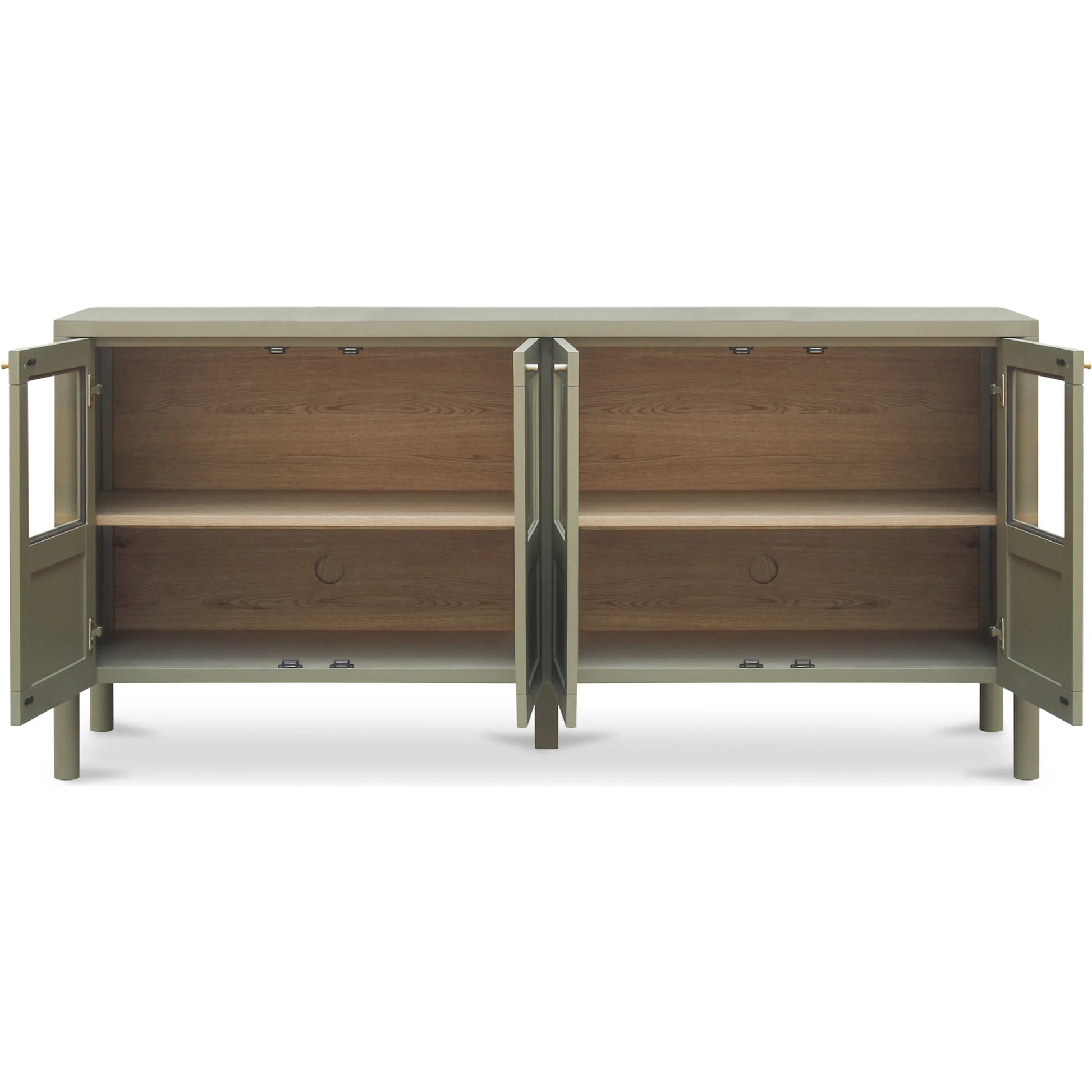 Hannah Sideboard by Moe's Home Collection. Made from solid pine leg, oak veneer over mdf shelf, back panel, mdf door front, top, side panel, tempered glass, metal in a modern style.