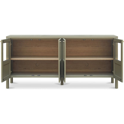Hannah Sideboard by Moe's Home Collection. Made from solid pine leg, oak veneer over mdf shelf, back panel, mdf door front, top, side panel, tempered glass, metal in a modern style.
