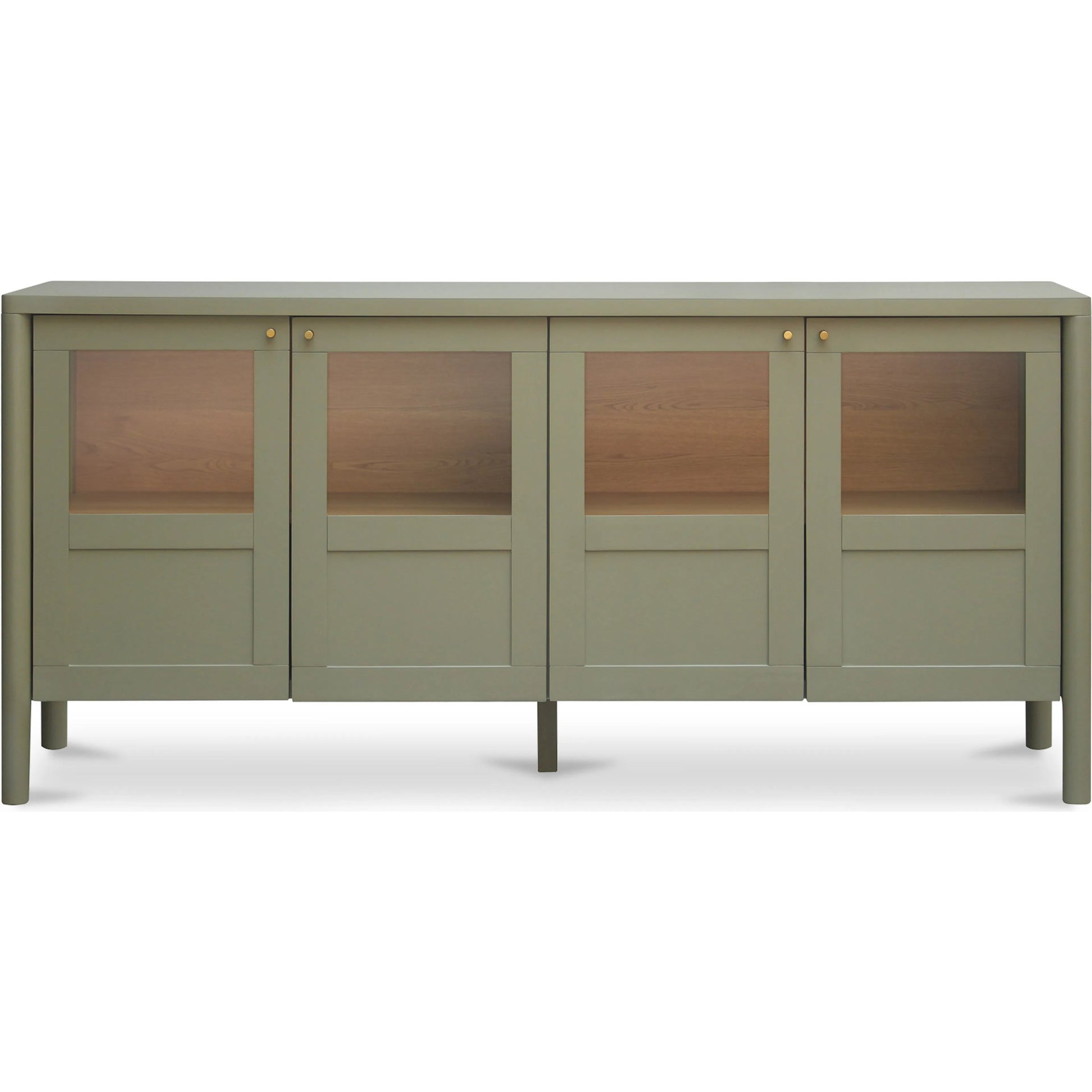 Hannah Sideboard by Moe's Home Collection. Made from solid pine leg, oak veneer over mdf shelf, back panel, mdf door front, top, side panel, tempered glass, metal in a modern style.