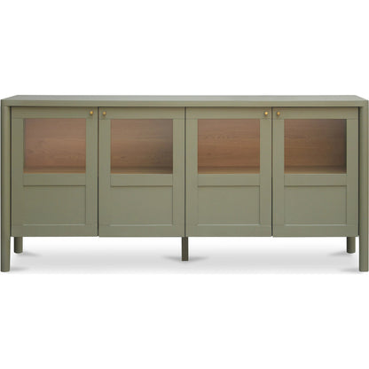 Hannah Sideboard by Moe's Home Collection. Made from solid pine leg, oak veneer over mdf shelf, back panel, mdf door front, top, side panel, tempered glass, metal in a modern style.