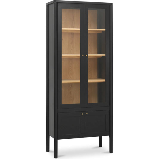 Hannah Tall Cabinet by Moe's Home Collection. Made from solid pine leg, oak veneer over mdf shelf, back panel, mdf door front, top, side panel, tempered glass, metal in a unique style.