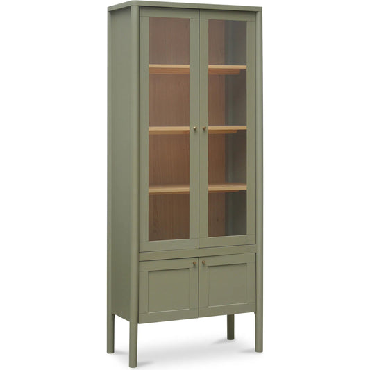 Hannah Tall Cabinet by Moe's Home Collection. Made from solid pine leg, oak veneer over mdf shelf, back panel, mdf door front, top, side panel, tempered glass, metal in a unique style.