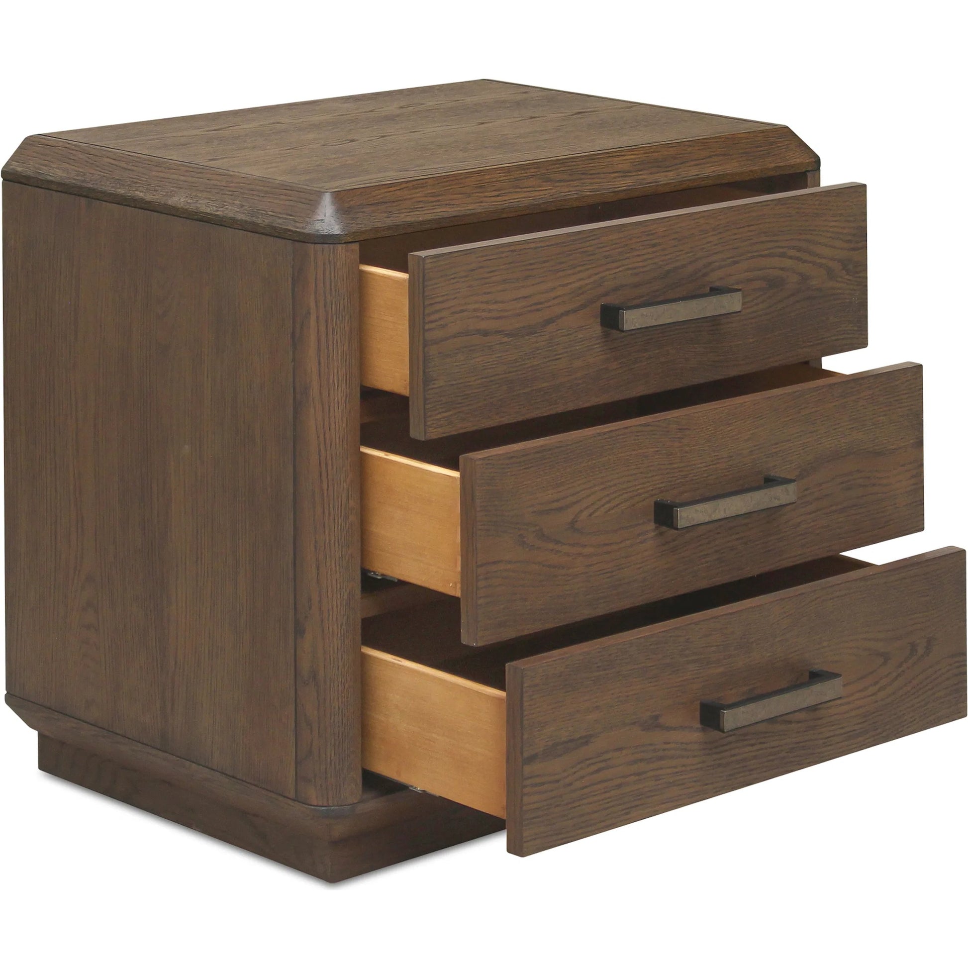 Caleb Nightstand by Moe's Home Collection in brown. Made from top, side, drawer oak veneer over mdf, solid oak, back plywood drawer plywood, engineer veneer, iron in a traditional style.