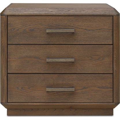 Caleb Nightstand by Moe's Home Collection in brown. Made from top, side, drawer oak veneer over mdf, solid oak, back plywood drawer plywood, engineer veneer, iron in a traditional style.
