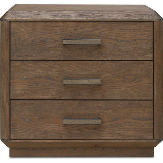 Caleb Nightstand by Moe's Home Collection in brown. Made from top, side, drawer oak veneer over mdf, solid oak, back plywood drawer plywood, engineer veneer, iron in a unique style.