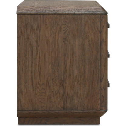 Caleb Nightstand by Moe's Home Collection in brown. Made from top, side, drawer oak veneer over mdf, solid oak, back plywood drawer plywood, engineer veneer, iron in a traditional style.