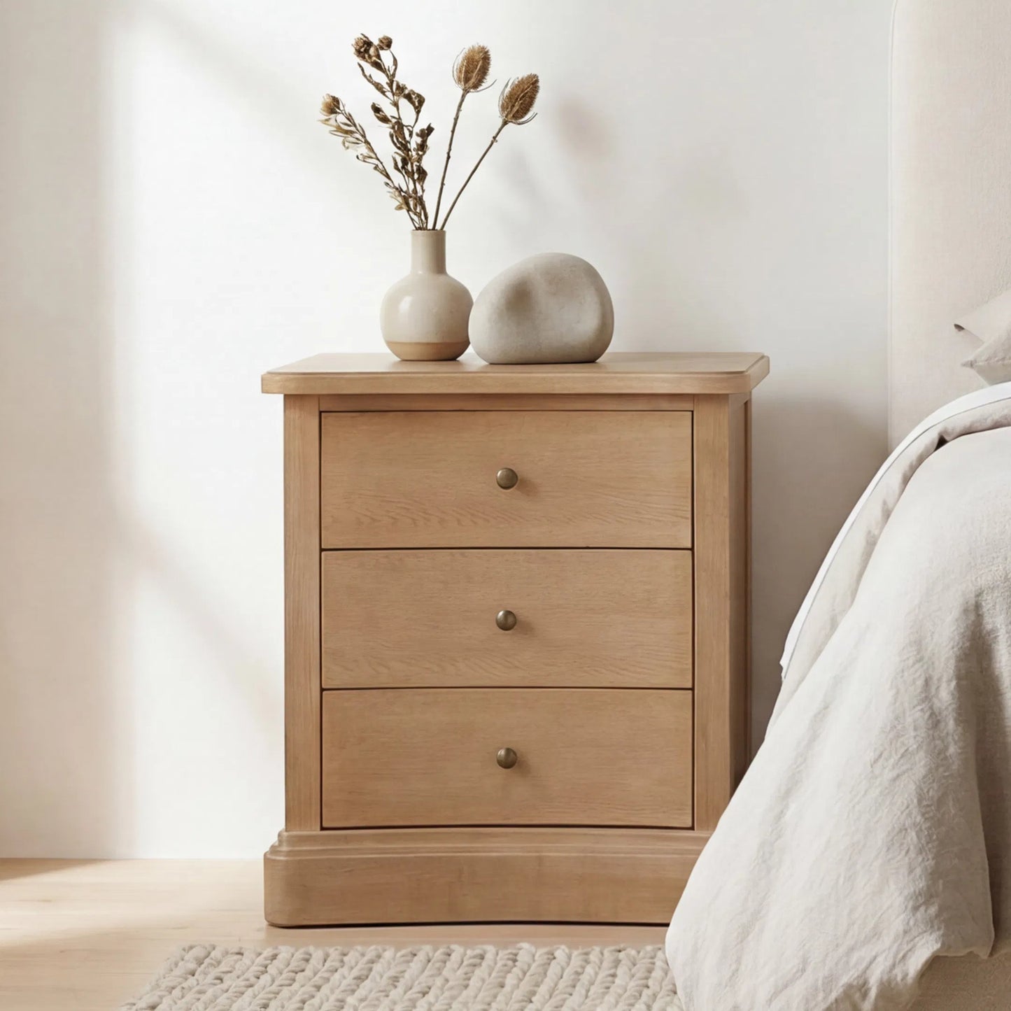 013 SI-2527877 | Lifestyle | Clarence Nightstand by Moe's Home Collection. Made from solid top edge, door frame, outer frame, oak drawer, shelf panel, side, brass handle in a unique style.