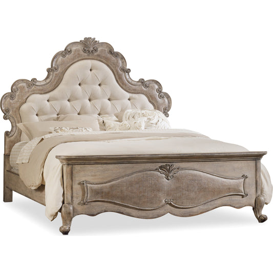 Chatelet Upholstered Bed by Hooker Furniture in beige and antique linen, turtle dove. Made from pecan veneers, resin, fabric in a traditional style.