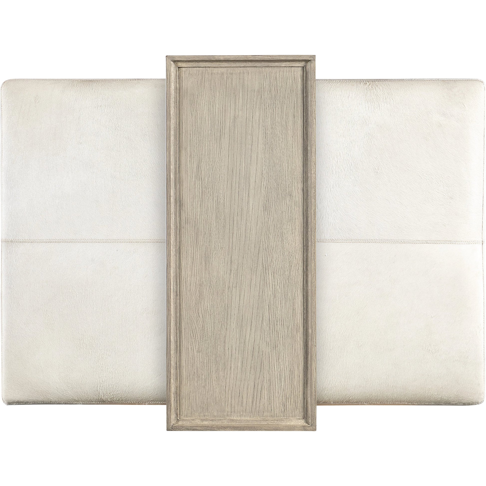 Melange Bridged Cocktail Table by Hooker Furniture in light wood. Made from hair on hide leather with metal, veneer in a modern style.