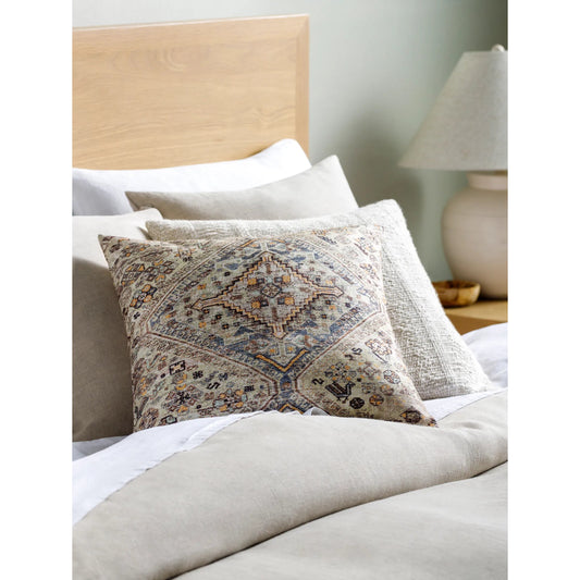 Emily Jean Pillow - 534220 by Livabliss in medium gray, ink blue, peach, black. Made from polyester in a traditional style.