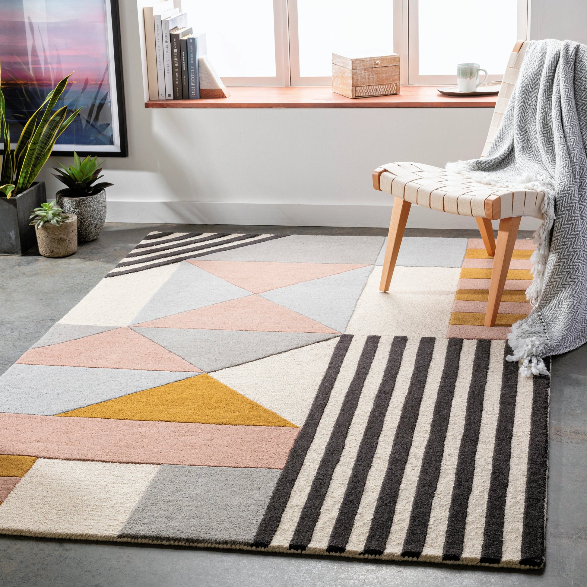 Emma Rug - 27457 by Livabliss in beige, light slate, mustard, dusty pink, black, gray. Made from 100% wool in a unique style.