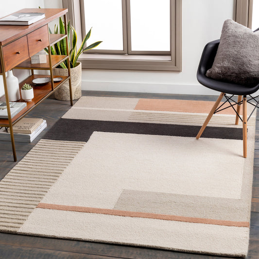 Emma Rug - 27061 by Livabliss in light beige, black, tan. Made from 100% wool in a unique style.