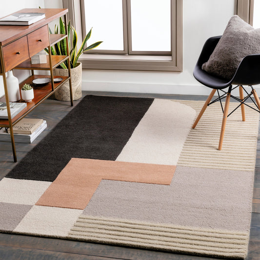 Emma Rug - 27073 by Livabliss in light beige, medium gray, black, tan. Made from 100% wool in a unique style.