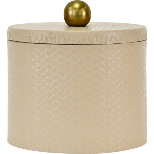 Emma Round Ivory Faux Leather Container by Worlds Away in ivory. Made from unique in a traditional style.