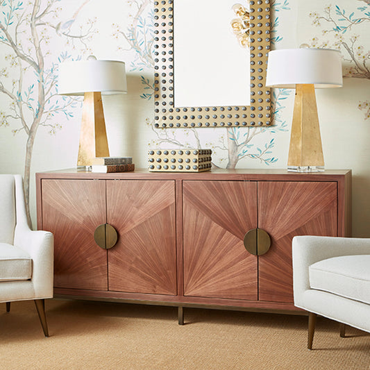 Emory Radial Walnut Cabinet by Worlds Away in matte walnut. Made from hardwood solids, mdf, veneer, metal in a transitional style.