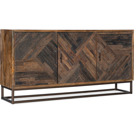 Entertainment Console by Hooker Furniture in rustic medium, rustic dark. Made from mango wood, iron in a rustic style.