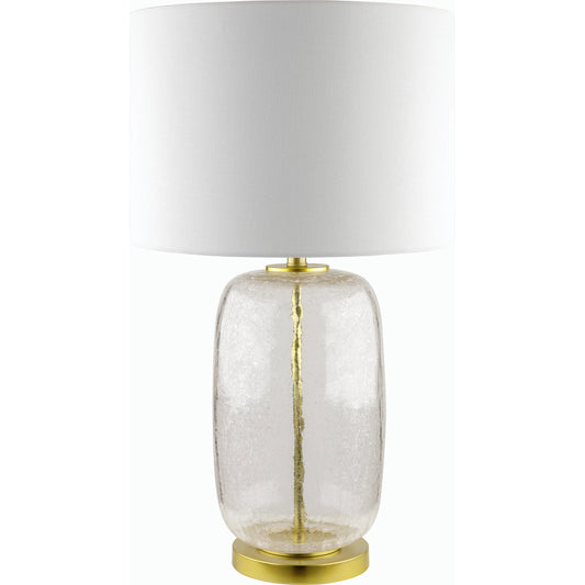 Enid Accent Table Lamp - 537744 by Livabliss in body: clear, base: metallic - brass, shade: white, finial: metallic - brass, harp: metallic - brass, cord: translucent and platedcoloredplated. Made from glass, iron, linen, po