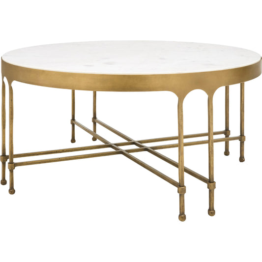 Engel Coffee Table by Surya in white, metallic brass. Made from marble, iron in a modern style.