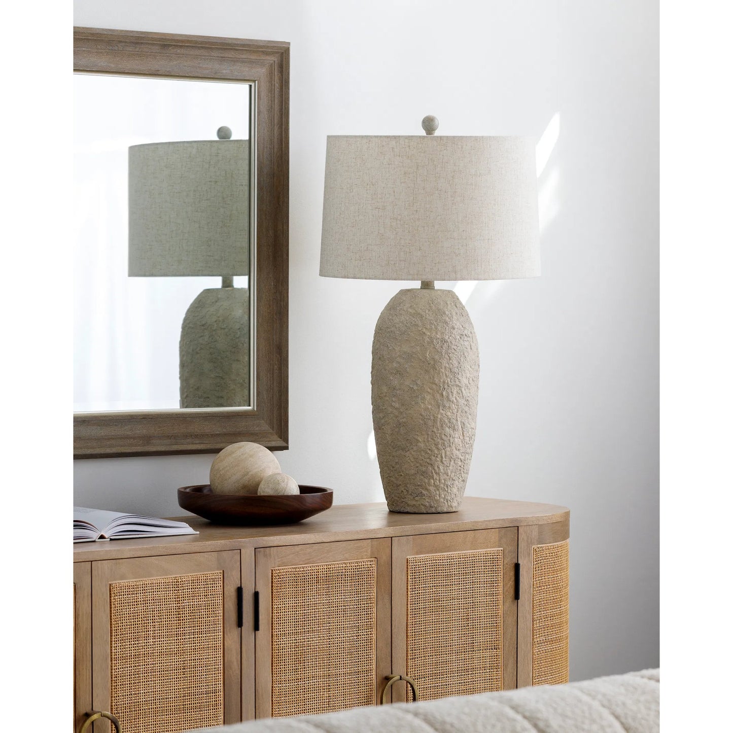 003 SI-2133331 | Lifestyle | Eino Table Lamp - 531280 by Livabliss in body: white, shade (outside): wheat, shade (inside): white, finial: white, harp: metallic - nickel, cord: translucent and paintedpainted. Made from body: ceramic, shade (outside): linen,