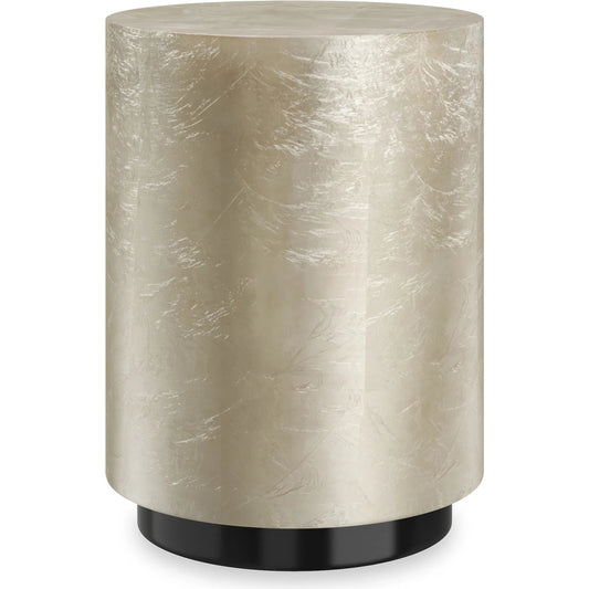Cocktail Couture Round End Table by Caracole in taupe silver leaf, almost black. Made from asian hardwood in a unique style.