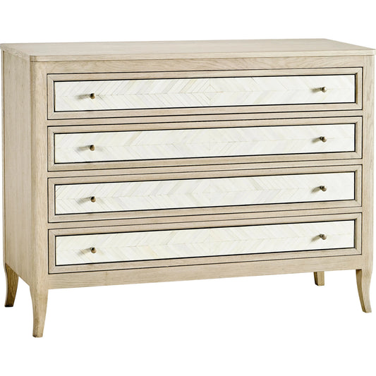 Water Berm Bachelors Chest by Jonathan Charles in bleached oak. Made from oak, faux bone, brass in a unique style.