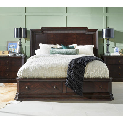 Revival Panel Storage Bed by A.R.T. Furniture in napa mahogany. Made from rubberwood solids, quarter mahogany veneer, resin, metal in a traditional style.