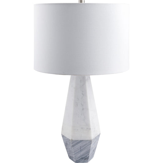 Enliven - 498933 by Surya in white, gray, silver and natural brushed metal. Made from body: marble, marble, shade (outside): linen, shade (inside): polyester, finial: metal in a modern style.