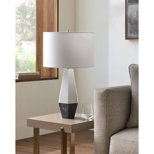 Enliven - 498933 by Surya in white, gray, silver and natural brushed metal. Made from body: marble, marble, shade (outside): linen, shade (inside): polyester, finial: metal in a modern style.