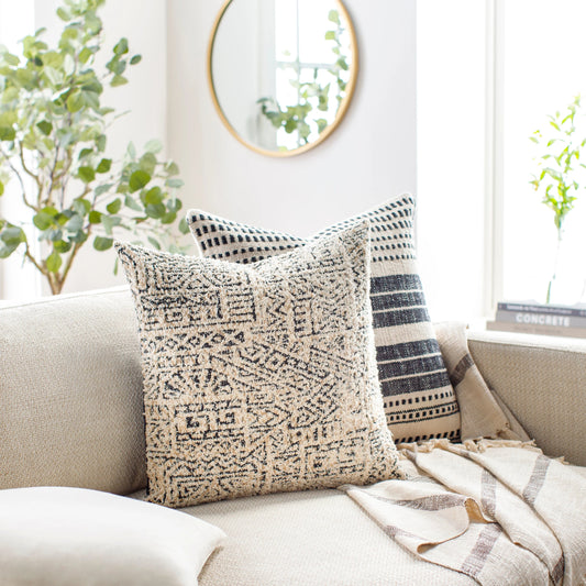 Kenya Pillow - 20988 by Surya in pearl, off-white, onyx, ash. Made from front: 100% cotton, back: 100% cotton in a modern style.