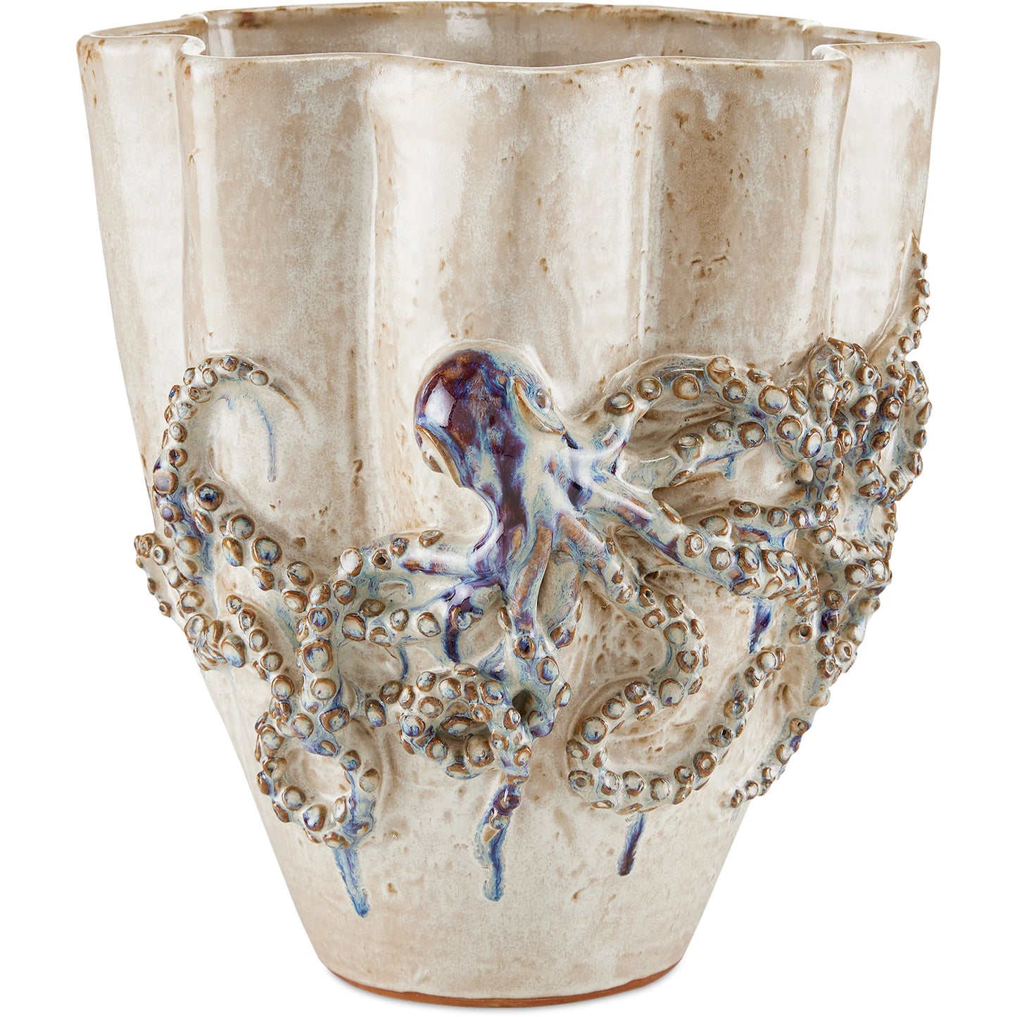 001 SI-1924068 | Primary Silo | Octopus Vase by Currey and Company in cream, reactive blue. Made from ceramic in a coastal style.