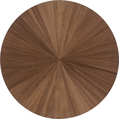 Eleana Round Nightstand by Hooker Furniture in light caramel, quartered walnut veneers, sunlit bronze metal. Made from walnut veneers in a modern style.