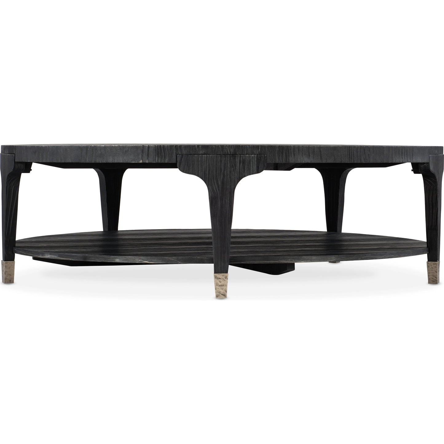 001 SI-1959582 | Primary Silo | Chapman Shou Sugi Ban Round Cocktail Table by Hooker Furniture in charred black. Made from pine veneers, metal ferrules in a modern style.