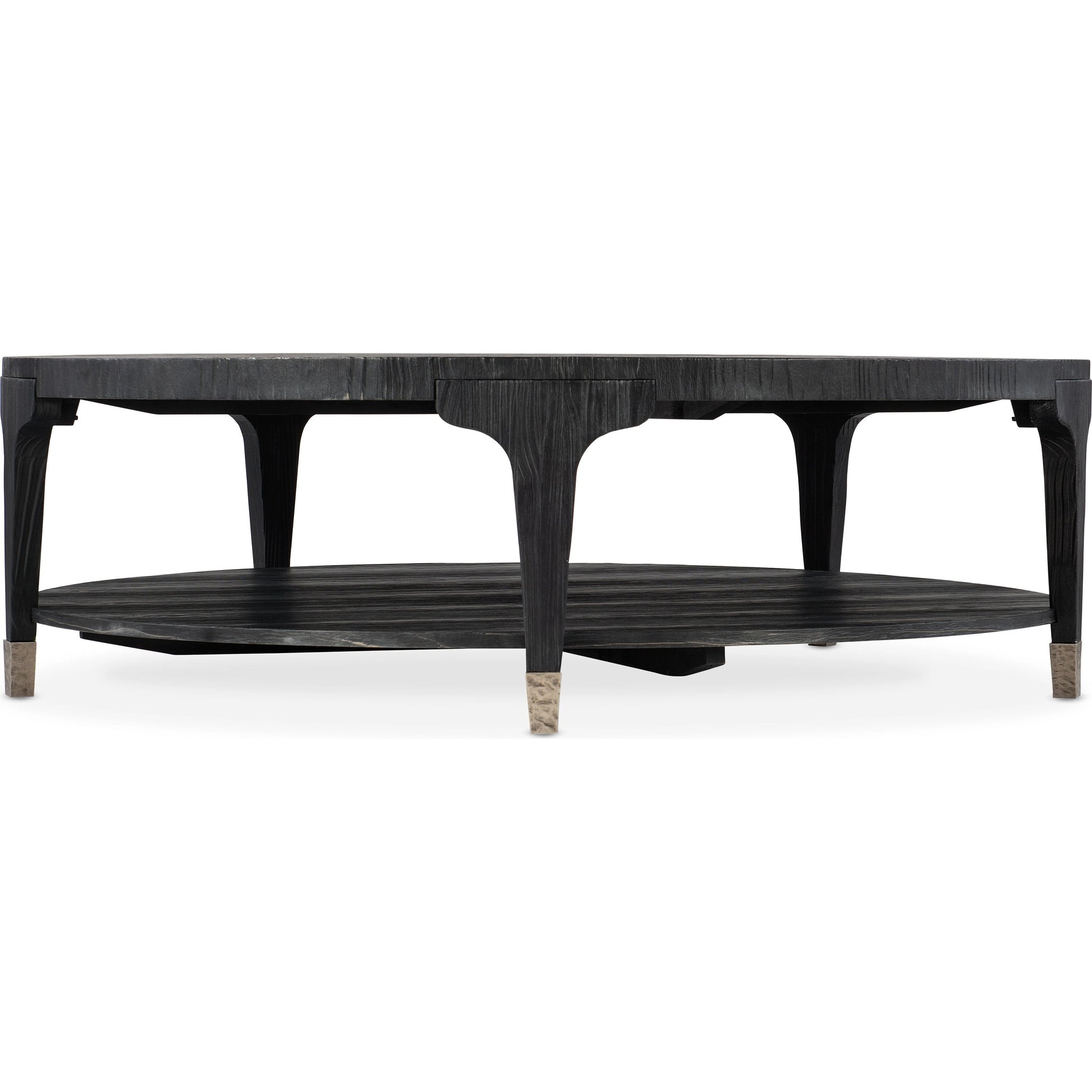 Chapman Shou Sugi Ban Round Cocktail Table by Hooker Furniture in charred black. Made from pine veneers, metal ferrules in a modern style.