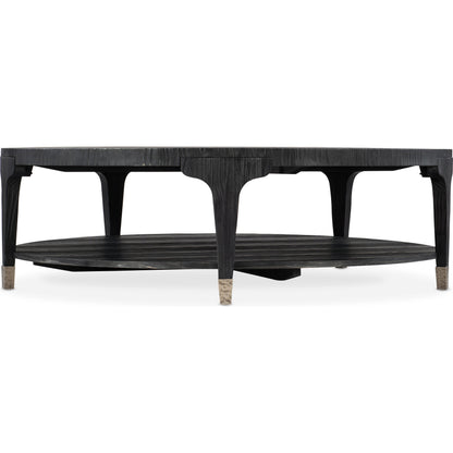 Chapman Shou Sugi Ban Round Cocktail Table by Hooker Furniture in charred black. Made from pine veneers, metal ferrules in a modern style.
