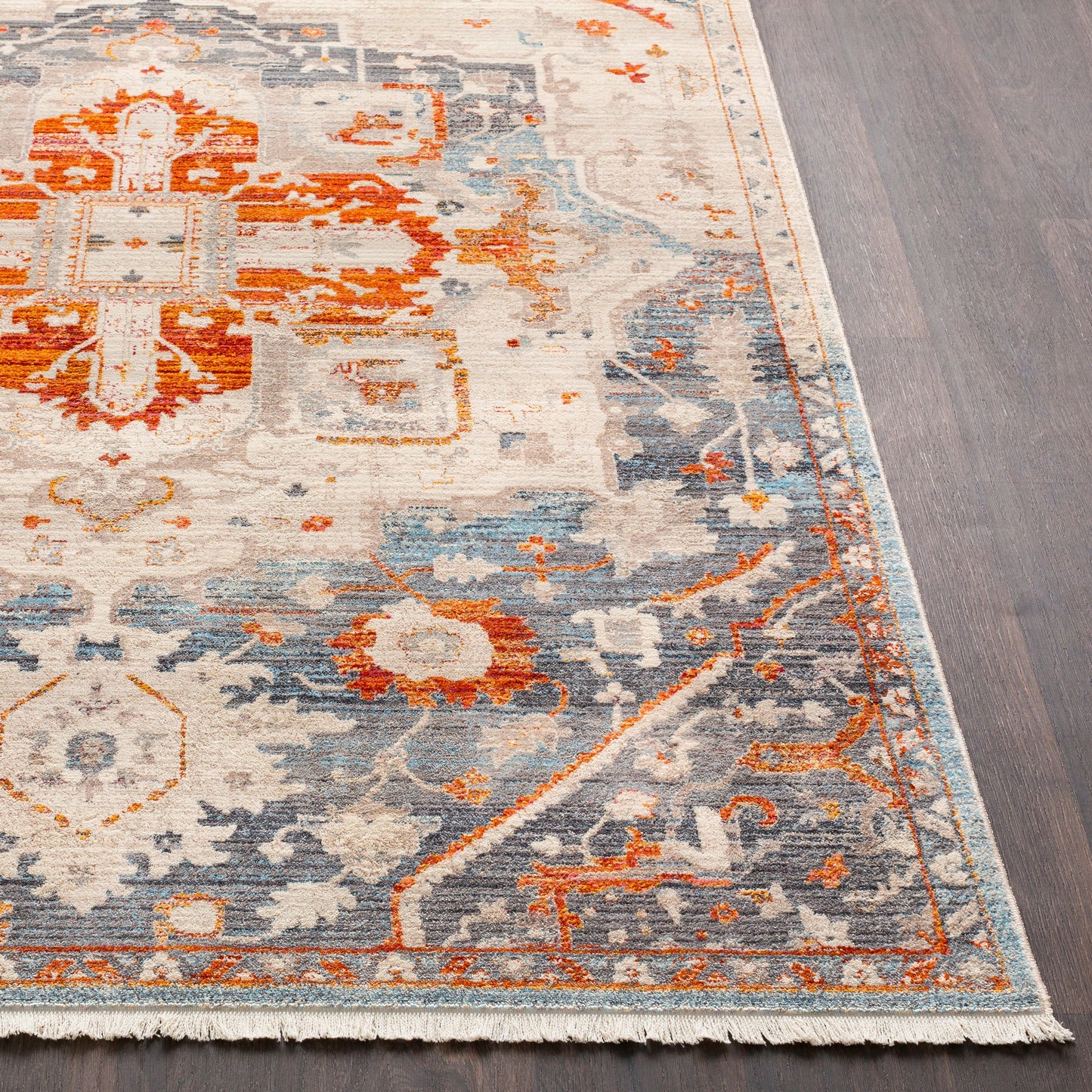 007 91511-36431,91511-36432,91511-43474 | Closeup | Ephesians Rug - 21450 by Livabliss in burnt orange, red, light blue, rose, saffron, beige. Made from 100% polyester in a unique style.
